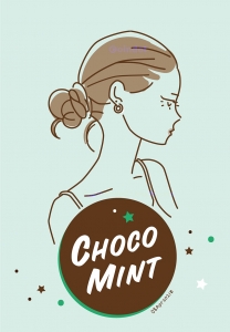 ミントグリーンと焦げ茶がメインカラーのデジタルイラスト。髪をシニヨンにした女の子の横顔。下部にタイトル文字「チョコミント」。
