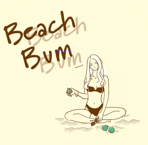 右下に、ビキニを着たロングヘアの女の子が砂浜にあぐらをかいて右手にライム、左手にサングラスを持っているイラスト。足元にライム二個。左上に「Beach Bum」の文字