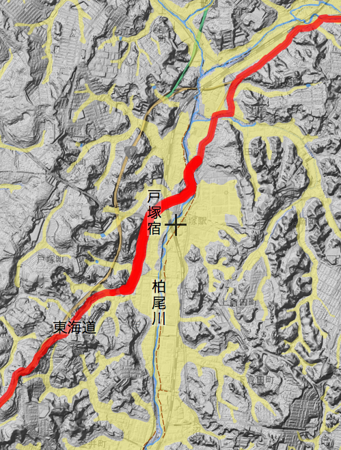 東海道戸塚宿と柏尾川の位置関係